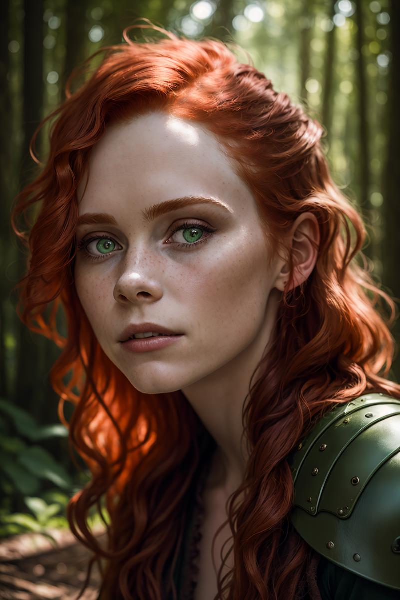 04861-4057578993-Sophia-Lillis girl with red wavy hair, wearing dark green leather armor, a forest in background, portrait, artistic photography,.png